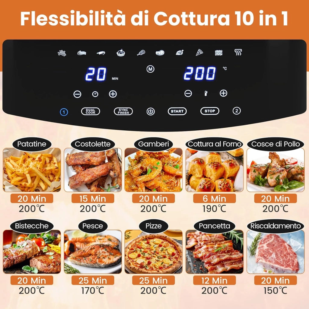 10 in 1 Friggitrice ad Aria 8L 2100W
Friggitrice a Doppio Cestello con Aria Calda a 360°, Touchscreen Digitale, Timer, 40-200°C, Lavabile in Lavastoviglie