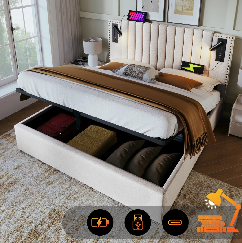 Letto matrimoniale contenitore 180x200 beige con USB e luce