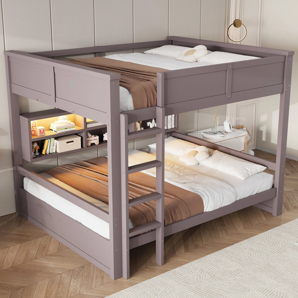 Letto a castello 160x200 cm con armadi contenitore e luce LED, Marrone