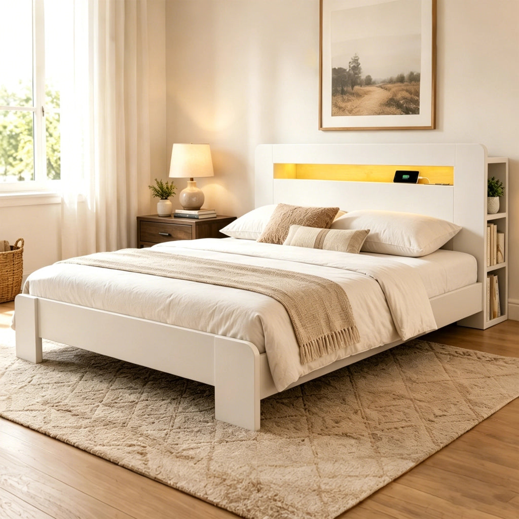Letto 140x200 cm bianco con testiera a vani; LED e prese integrate