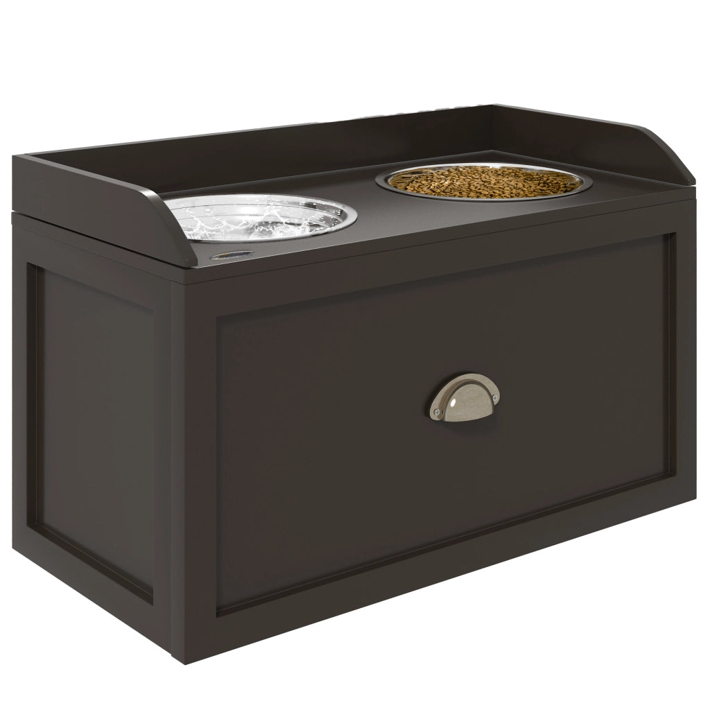Stazione di alimentazione rialzata per cani con 2 ciotole in acciaio inox 1 cassetto salvaspazio marrone robusto 60 x 30 x 36 cm