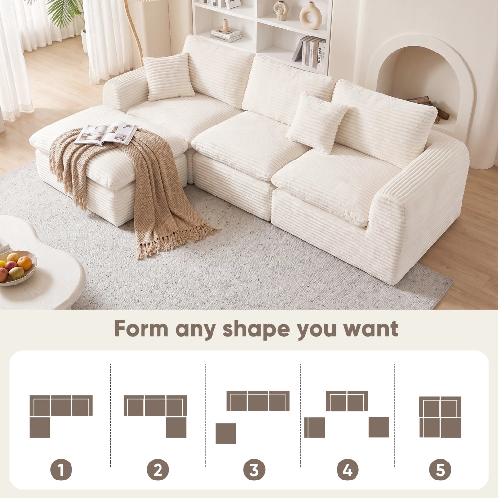 Divano d'angolo 3 posti 280 x 180 cm, 3 moduli, velluto a coste beige, schiuma e molle