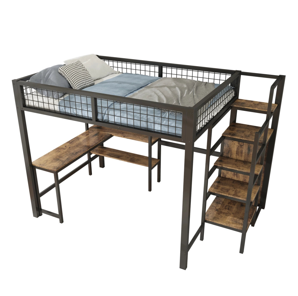 Letto a soppalco 140x200 cm con scrivania, ripiani e armadio integrati