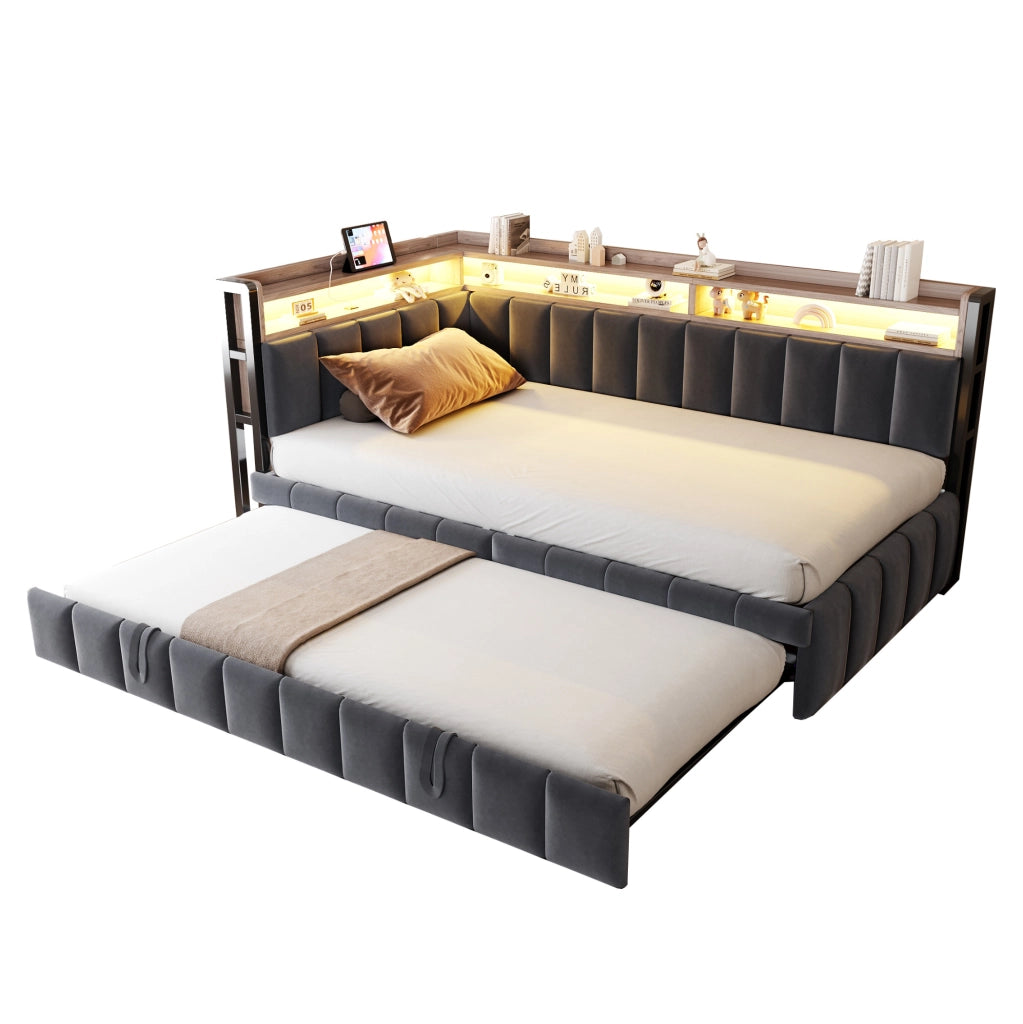 Divano letto estraibile 90x200 cm con LED, USB e Type-C grigio