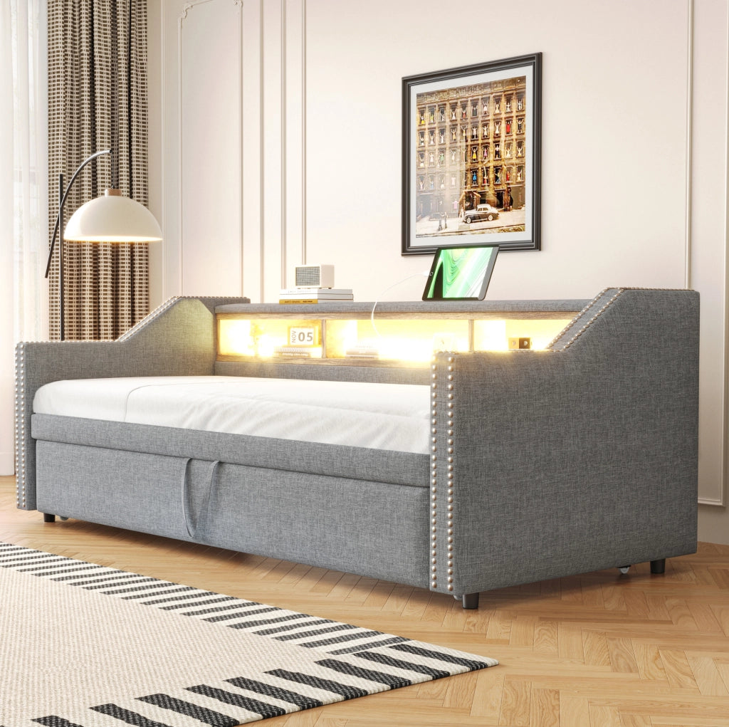 Divano letto estraibile 90/180x190 cm grigio chiaro con USB