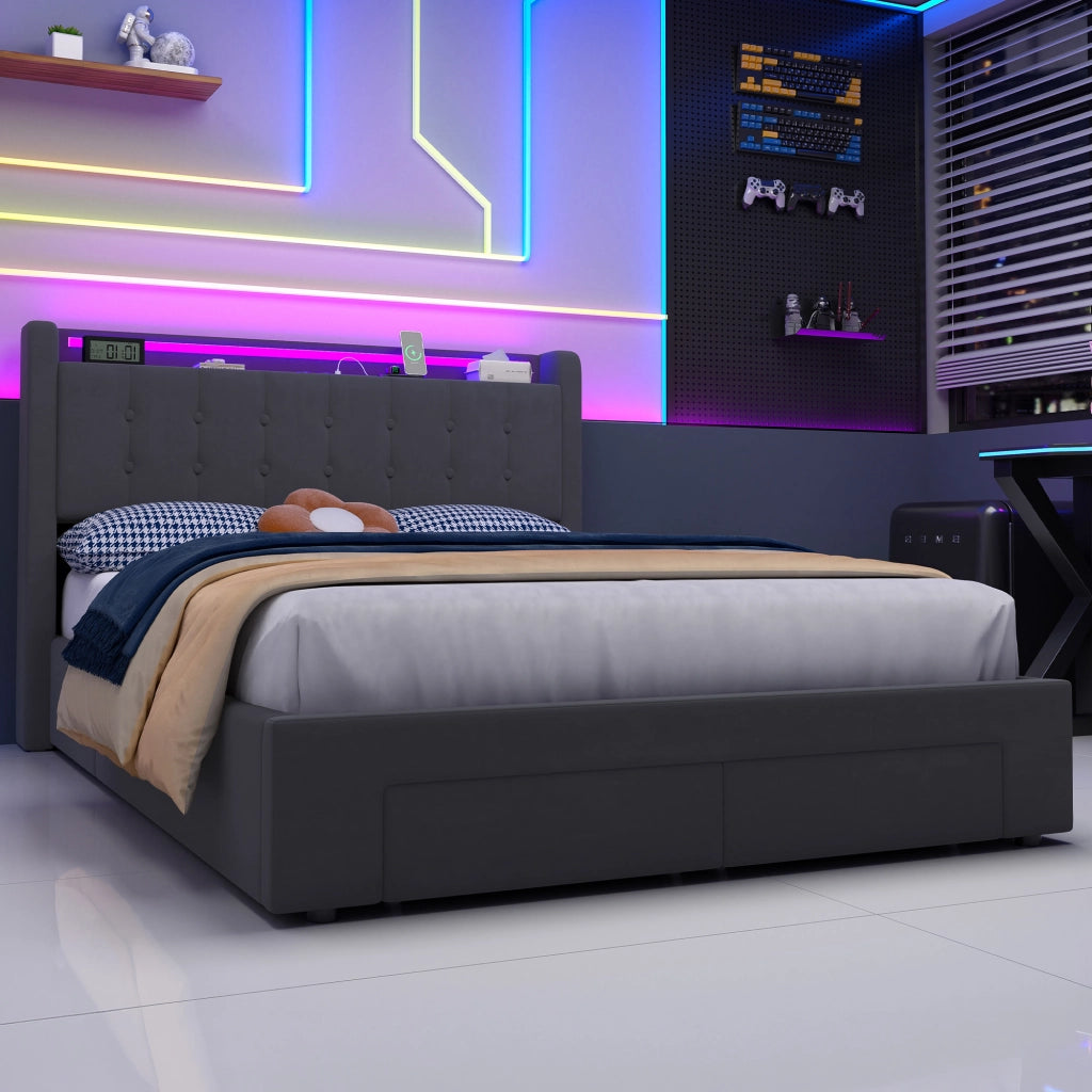 Letto imbottito 140x200 cm in velluto con LED, 2 cassetti e porte USB