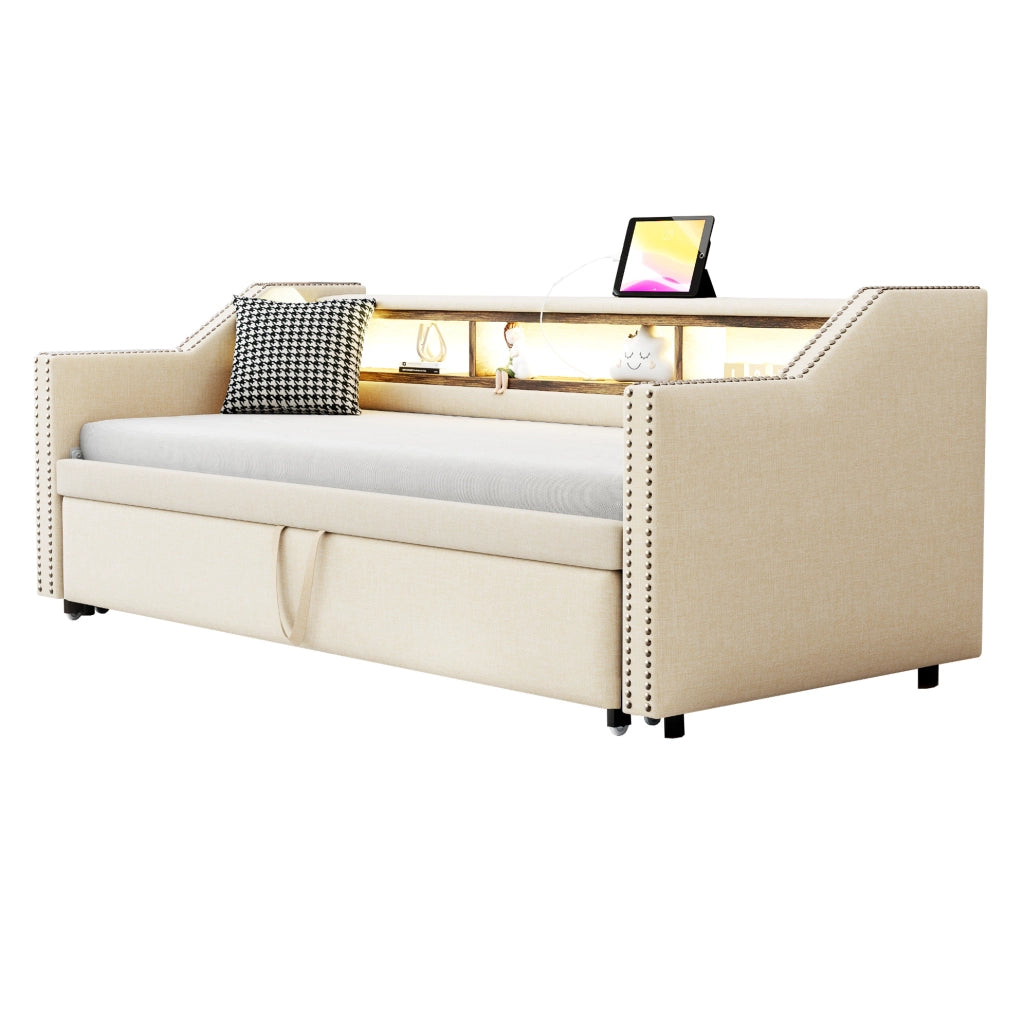 Divano letto estraibile imbottito 90/180x190 cm beige con LED USB