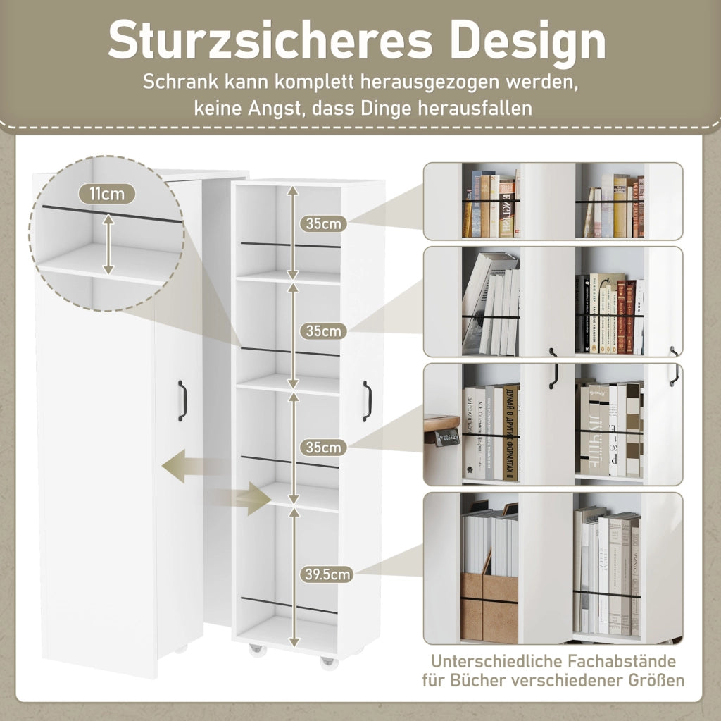Libreria estensibile su ruote; 4 ripiani per modulo; MDF; bianco