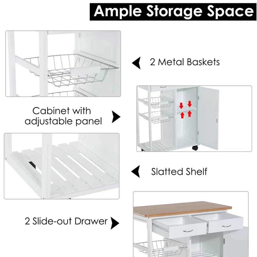 Carrello Cucina in Legno Bianco con Cassetti Cestelli Acciaio e Top Bambù Multiuso