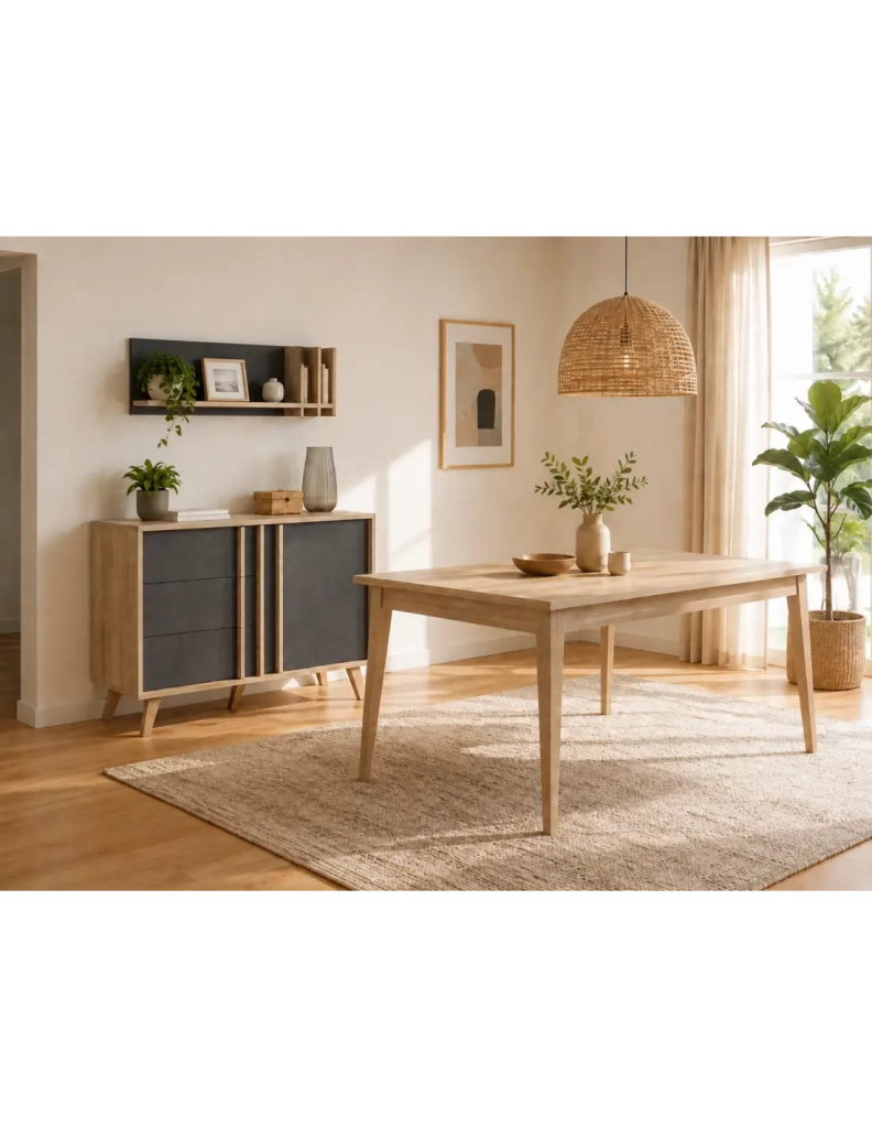 Sala da pranzo completa MALMO con tavolo 160 cm, buffet alto e scaffale a muro – Rovere chiaro e grigio
