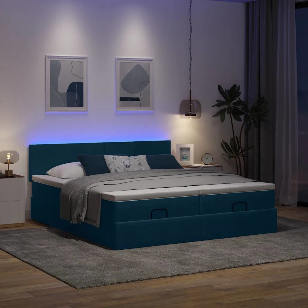 Pouf Letto con Materassi e LED Blu Scuro 200x200cm Velluto 3312915