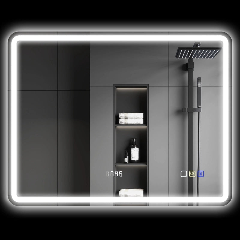 Specchio da bagno LED con Bluetooth e orologio; antiappannamento; luce regolabile e memoria; argento