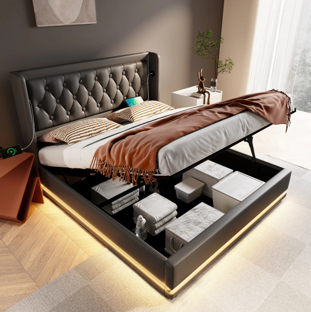 LETTO Contenitore 140x200 cm in PU Nero con USB e LED
