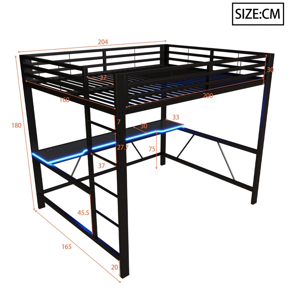 Letto a soppalco 160x200 cm con scrivania e LED; nero