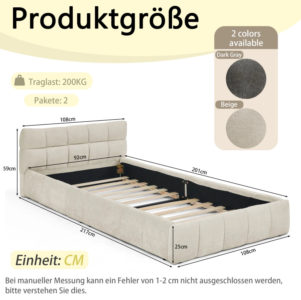 Letto singolo imbottito 90x200 cm beige in ciniglia