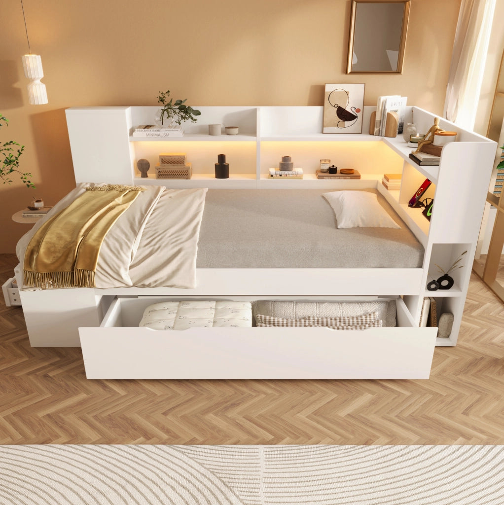 Letto singolo 90x200 cm con materasso, LED, USB e cassetti