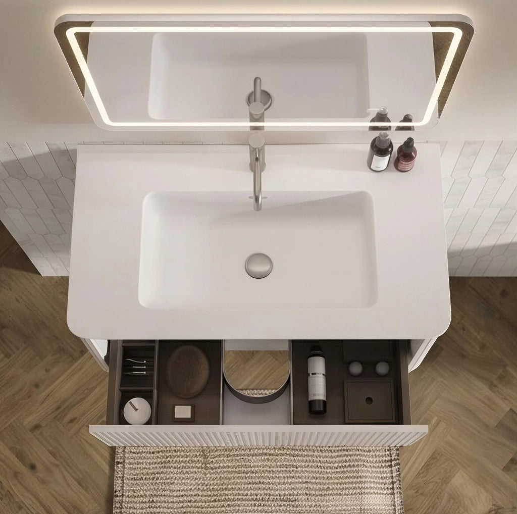 Mobile bagno sospeso ULEVR 80 cm con lavabo in solid surface e cassetti push-to-open, bianco