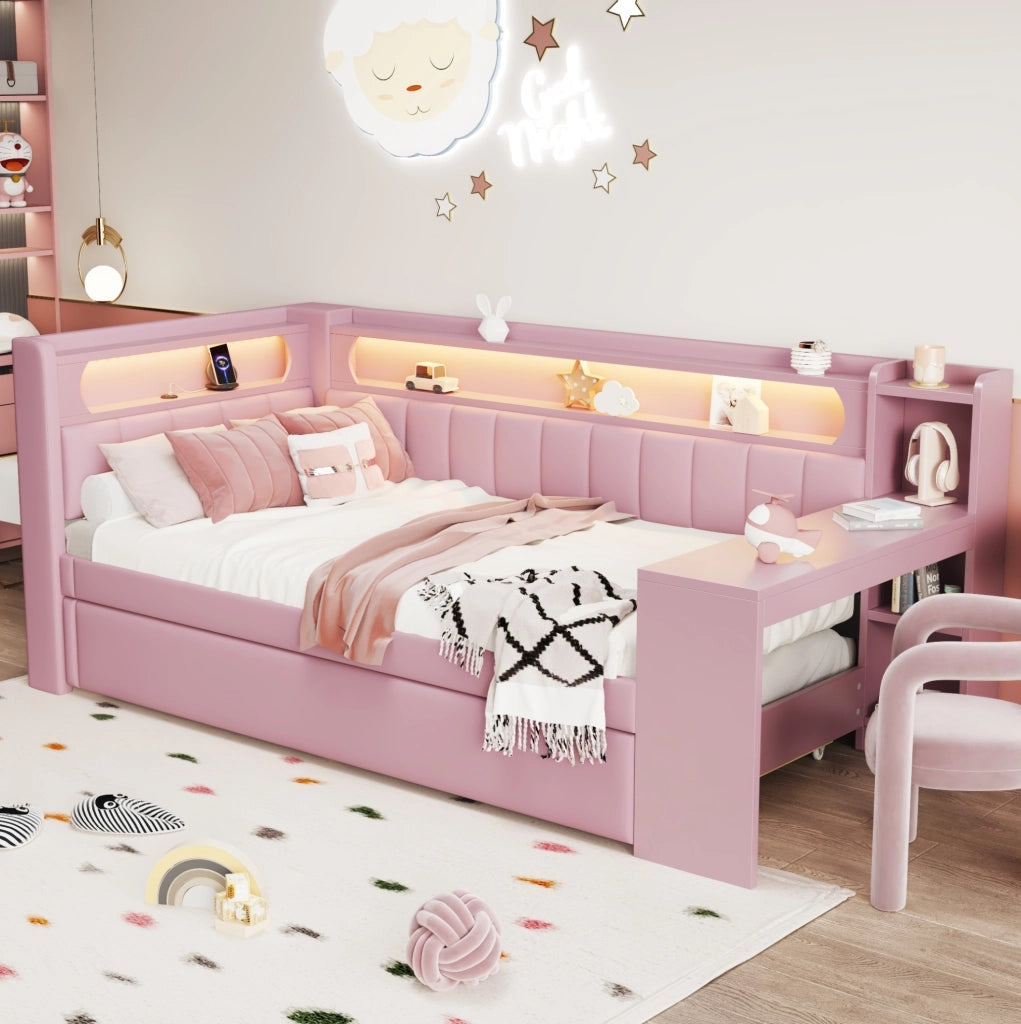 Letto singolo imbottito 90x200 cm con LED, USB e scrittoio