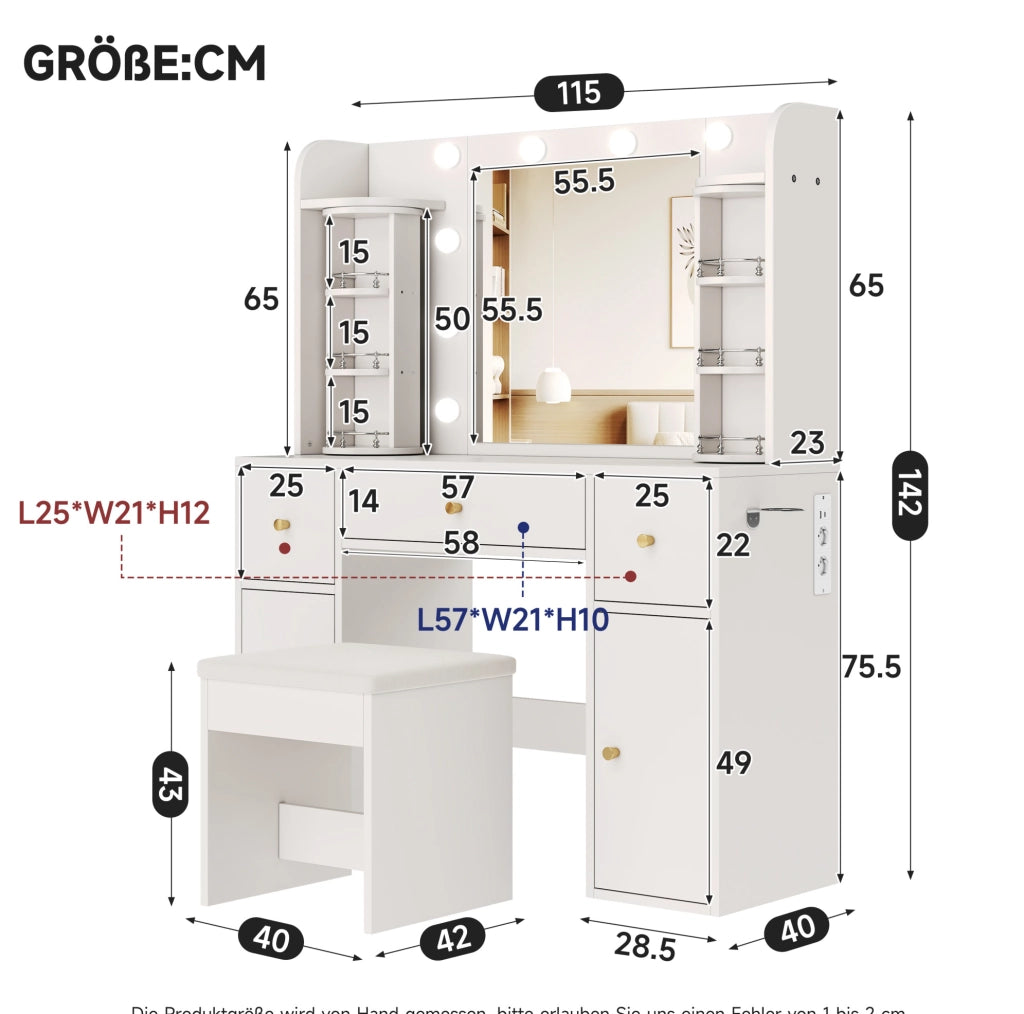 Toeletta con specchio LED dimmerabile; organizer girevole; USB-C e 3 cassetti; bianca