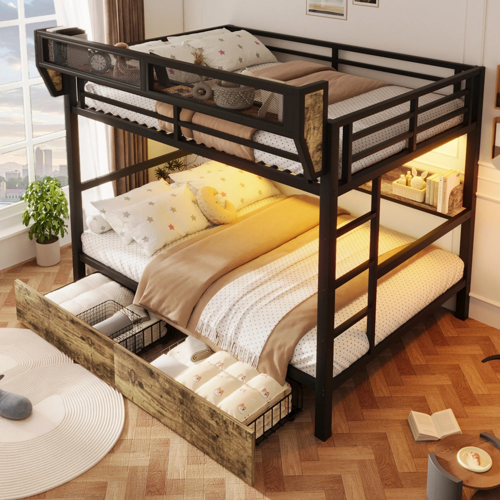 Letto a castello 140 × 200 cm in metallo e MDF nero con LED ripiani cestino e due cassetti