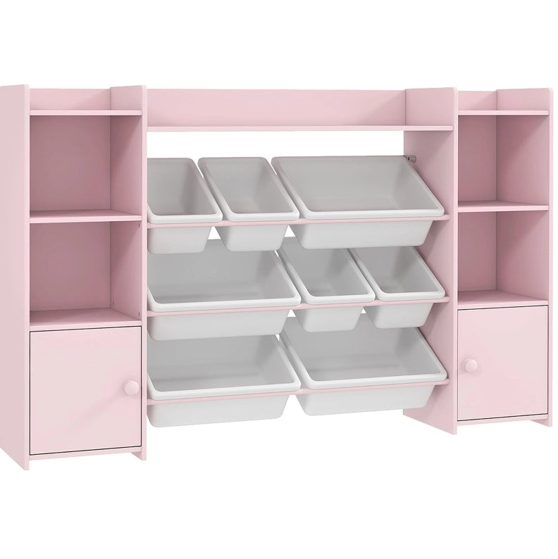 Scaffale per bambini 140x30x90 cm in MDF e metallo rosa con 8 contenitori