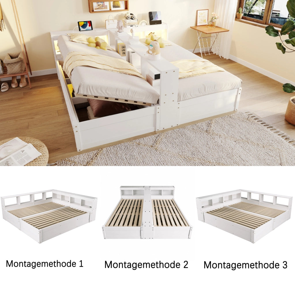 Letto multifunzione 90/180x200 cm con LED, prese e contenitore