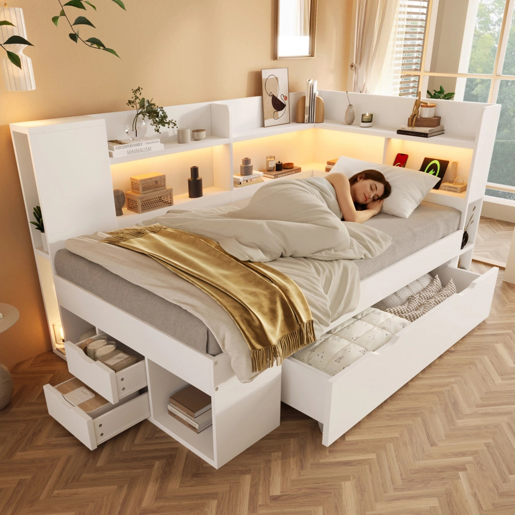 Letto singolo 90x200 cm con materasso, LED, USB e cassetti