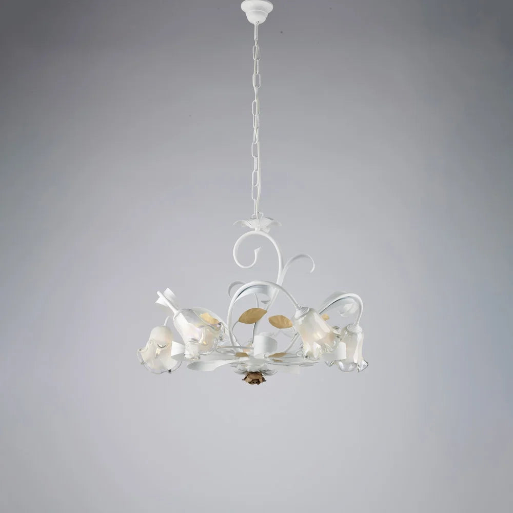 Lampadario Arte Povera Cesto Metallo Bianco E Oro 5 Luci E14