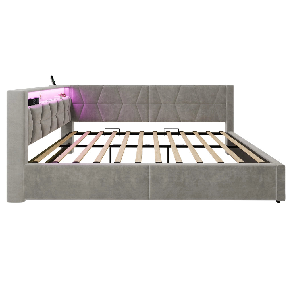 Letto imbottito 140x200 cm con contenitore, LED, USB e Type-C, velluto grigio scuro