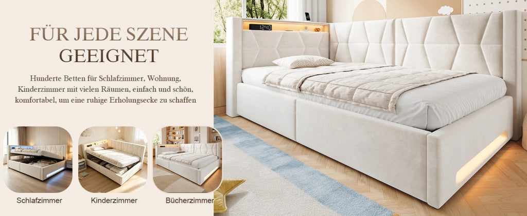 Letto imbottito 90x200 cm con contenitore, LED, USB e Type-C, velluto beige