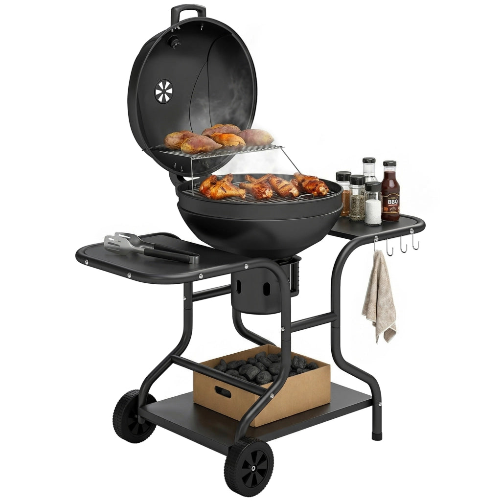 Barbecue a Carbonella Smoker per Giardino con Coperchio Termometro e Ripiani Laterali 129 x 63,5 x 106,5 cm