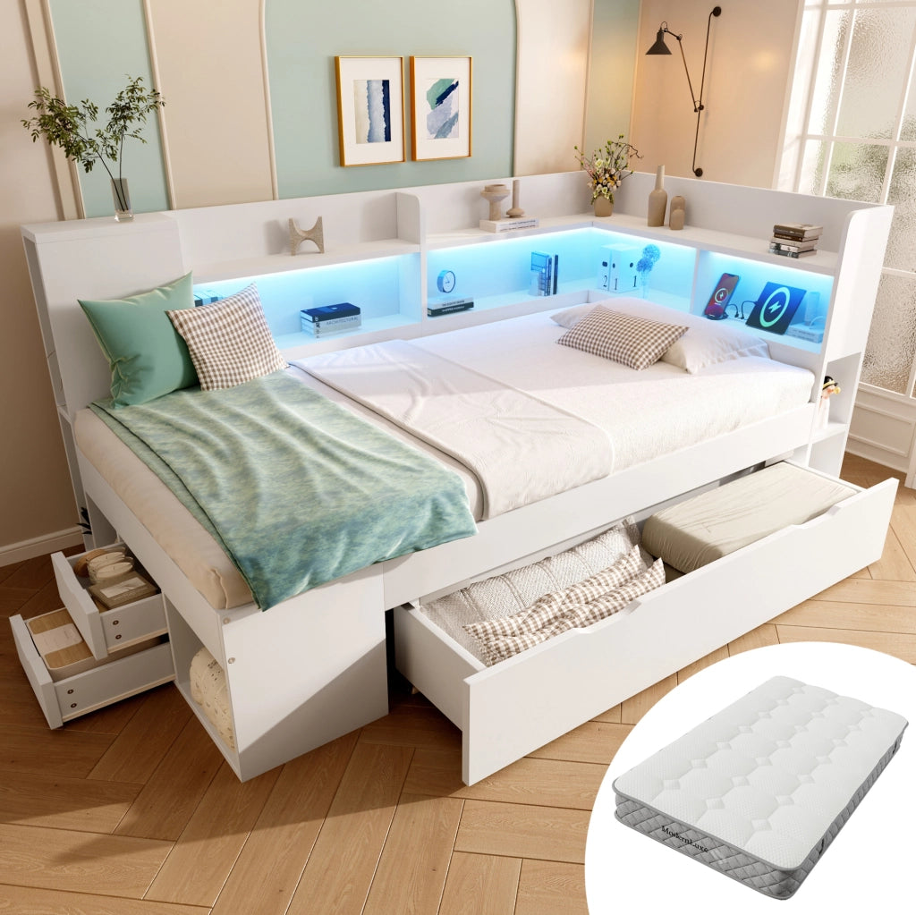 Letto singolo 90x200 cm con materasso, LED, USB e cassetti