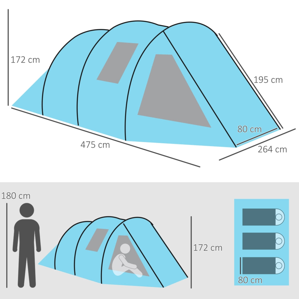Tenda da campeggio 3-4 persone a 2 ambienti blu