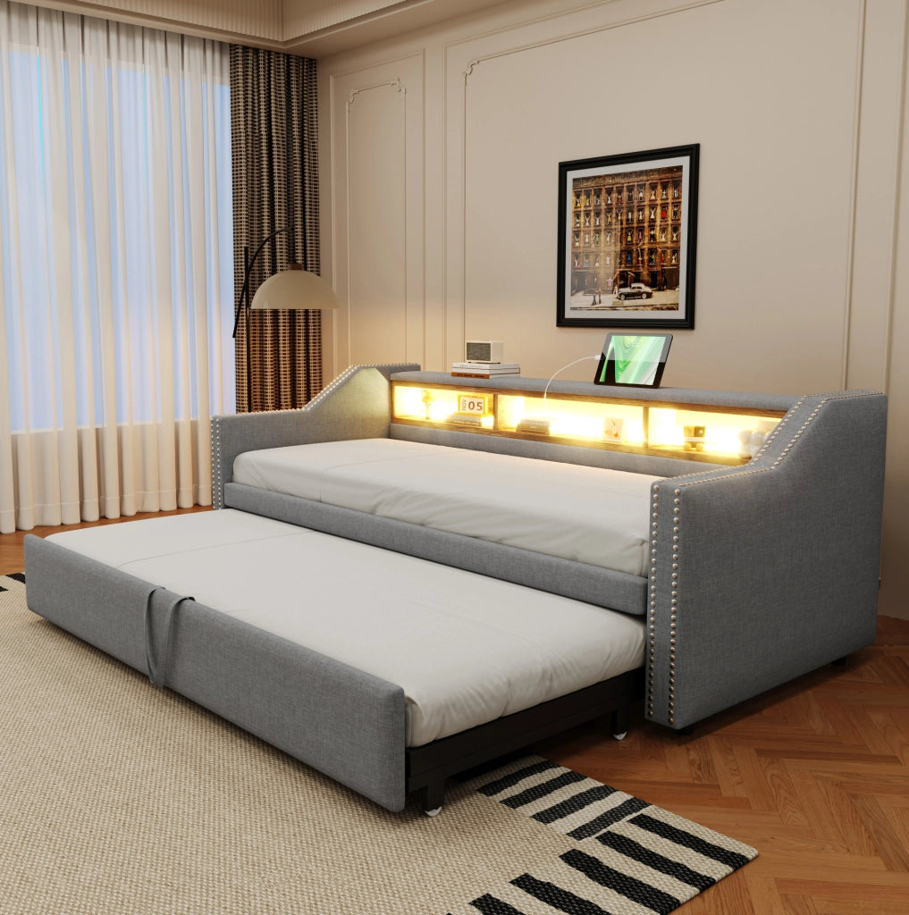 Divano letto estraibile 90/180x190 cm grigio chiaro con USB
