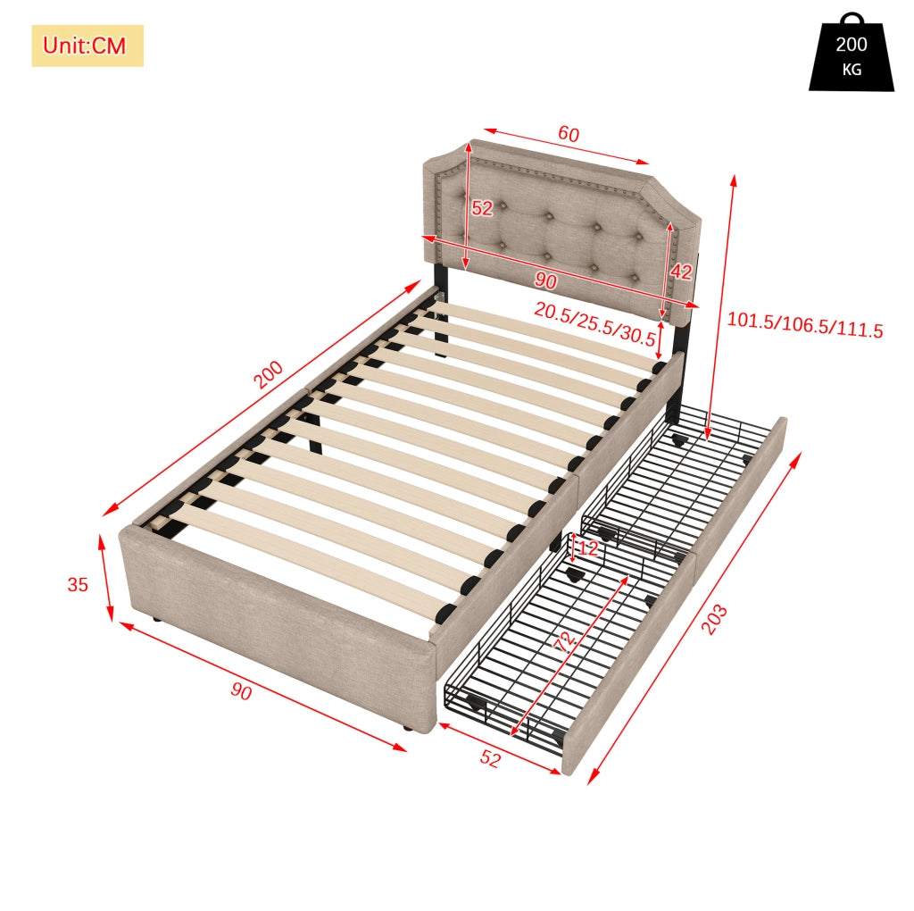 Letto imbottito 90x200 cm con cassetti, design elegante e testata regolabile