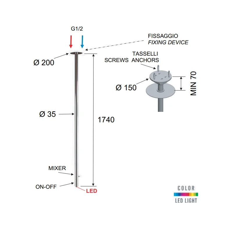 Miscelatore da soffitto 181 cm con dispositivo color - serie minimal color