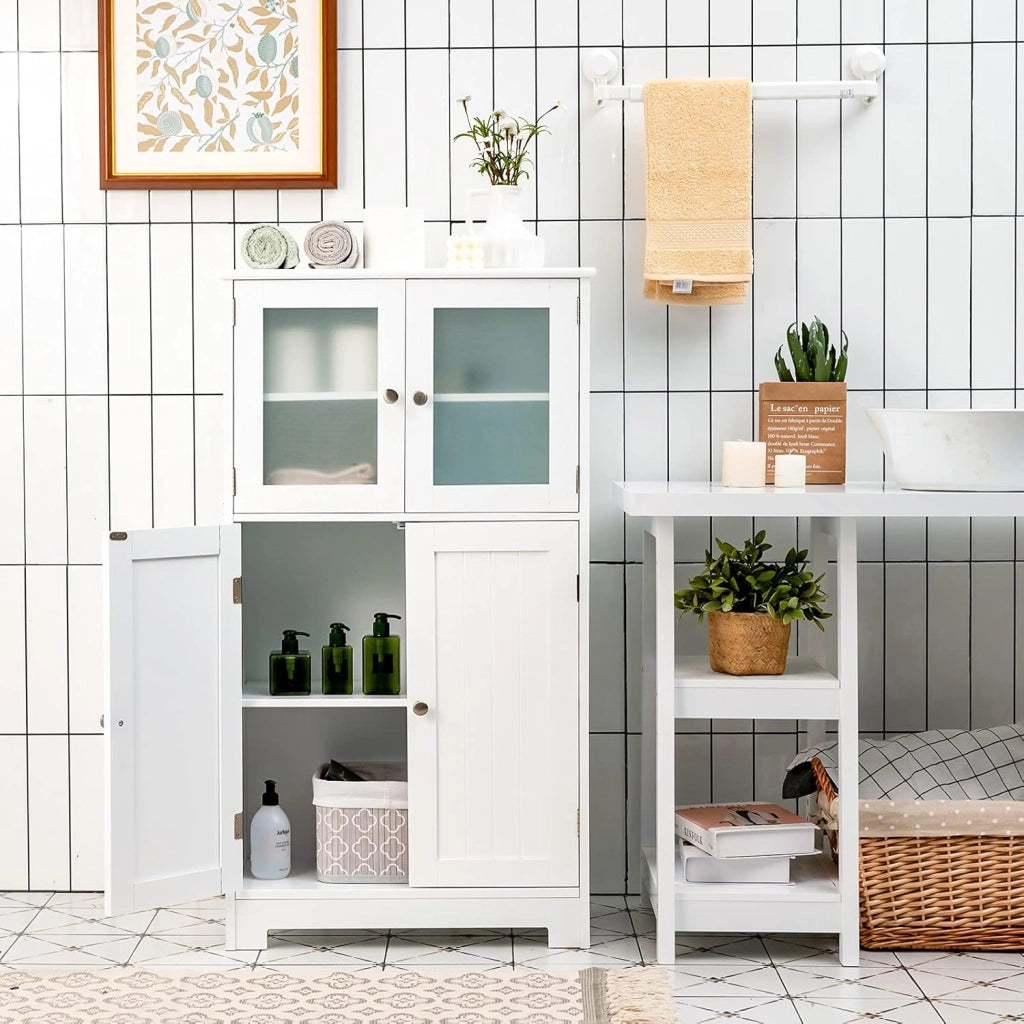 Armadietto del Bagno con 4 Ante, Armadietto con Ante di Vetro, Credenza di Legno con Mensole Regolabili, Organizer Multiuso per Casa Corridoio Salone Ufficio, Bianco