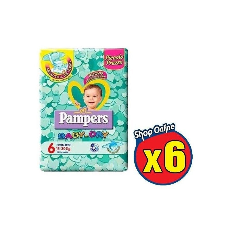 KIT DA 6 PAMPERS PANNOLINI BABY DRY 6 EXTRA LARGE 15-30KG DA 14 PZ