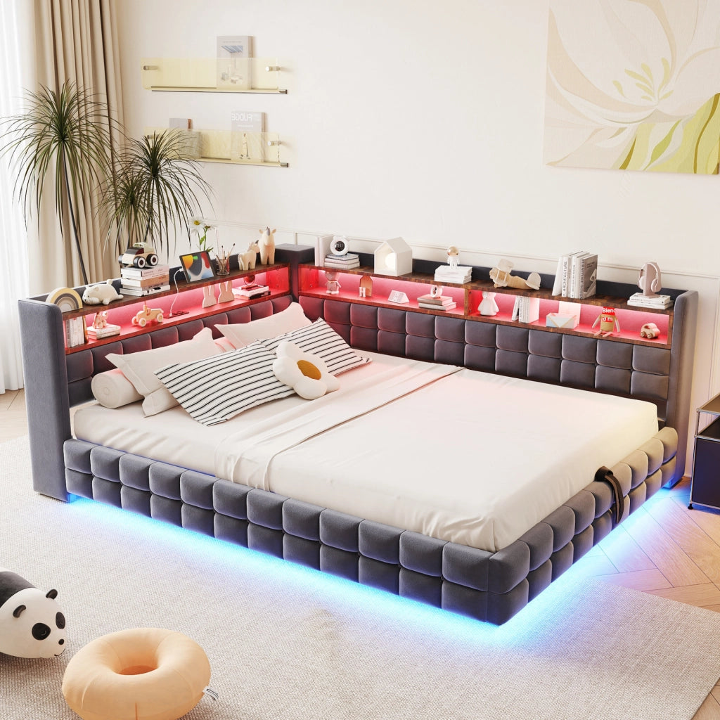 Divano letto imbottito con contenitore 140x200 cm; velluto grigio; LED; prese USB e Tipo C