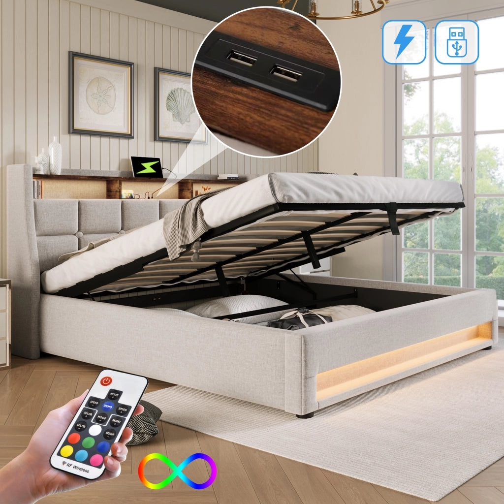 Letto imbottito 140x200 cm con LED e USB