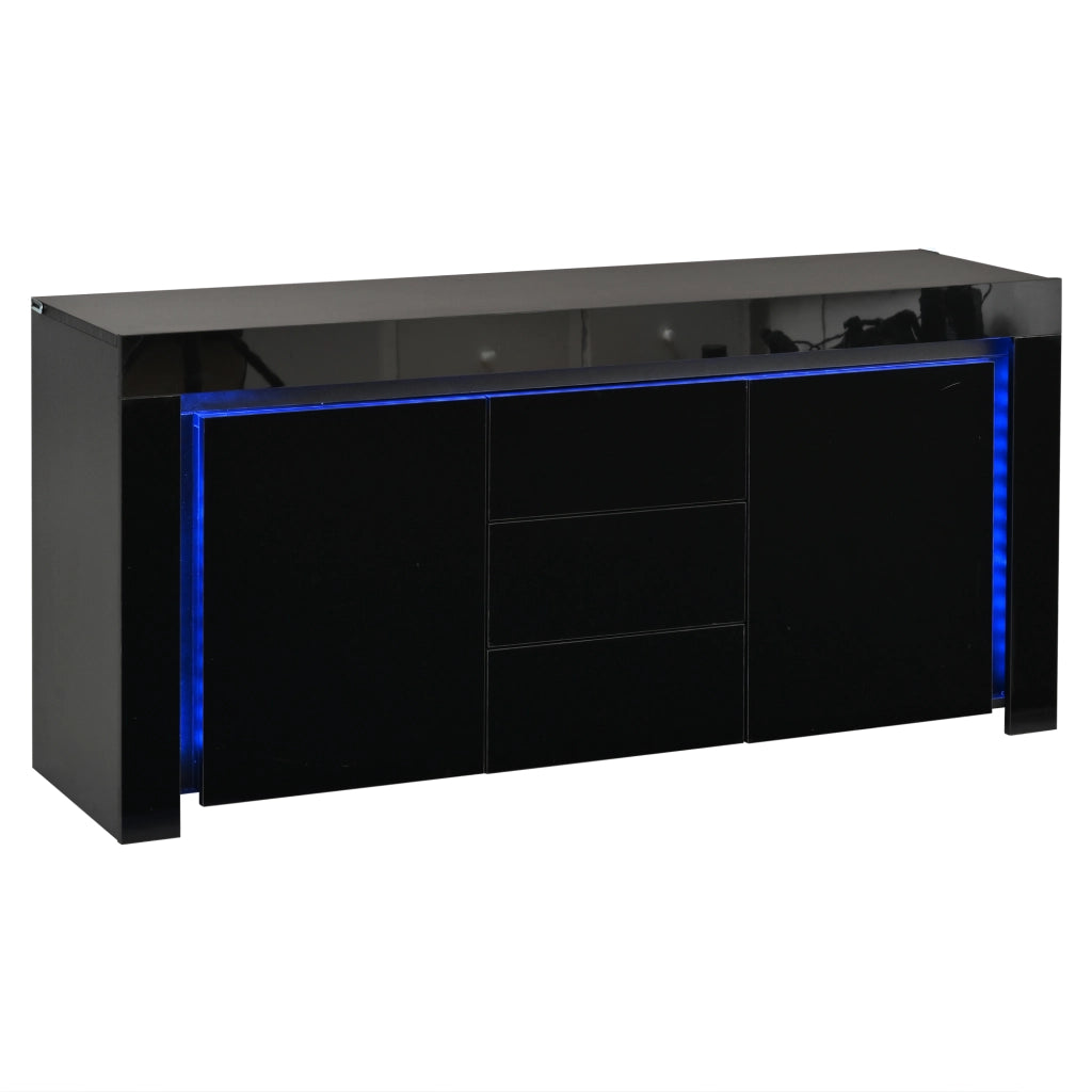 Sideboard moderno 140x40x65 cm con 2 porte; 3 cassetti e LED; nero lucido