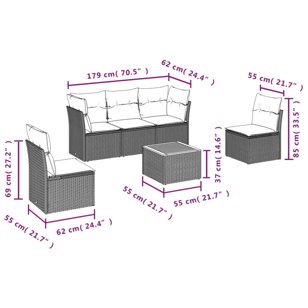 Set Divano da Giardino 6 pz con Cuscini Nero in Polyrattan 3255873