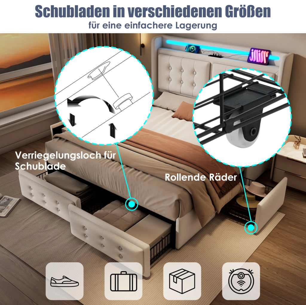 Letto matrimoniale 140x200 beige con materasso, LED, USB e cassetti