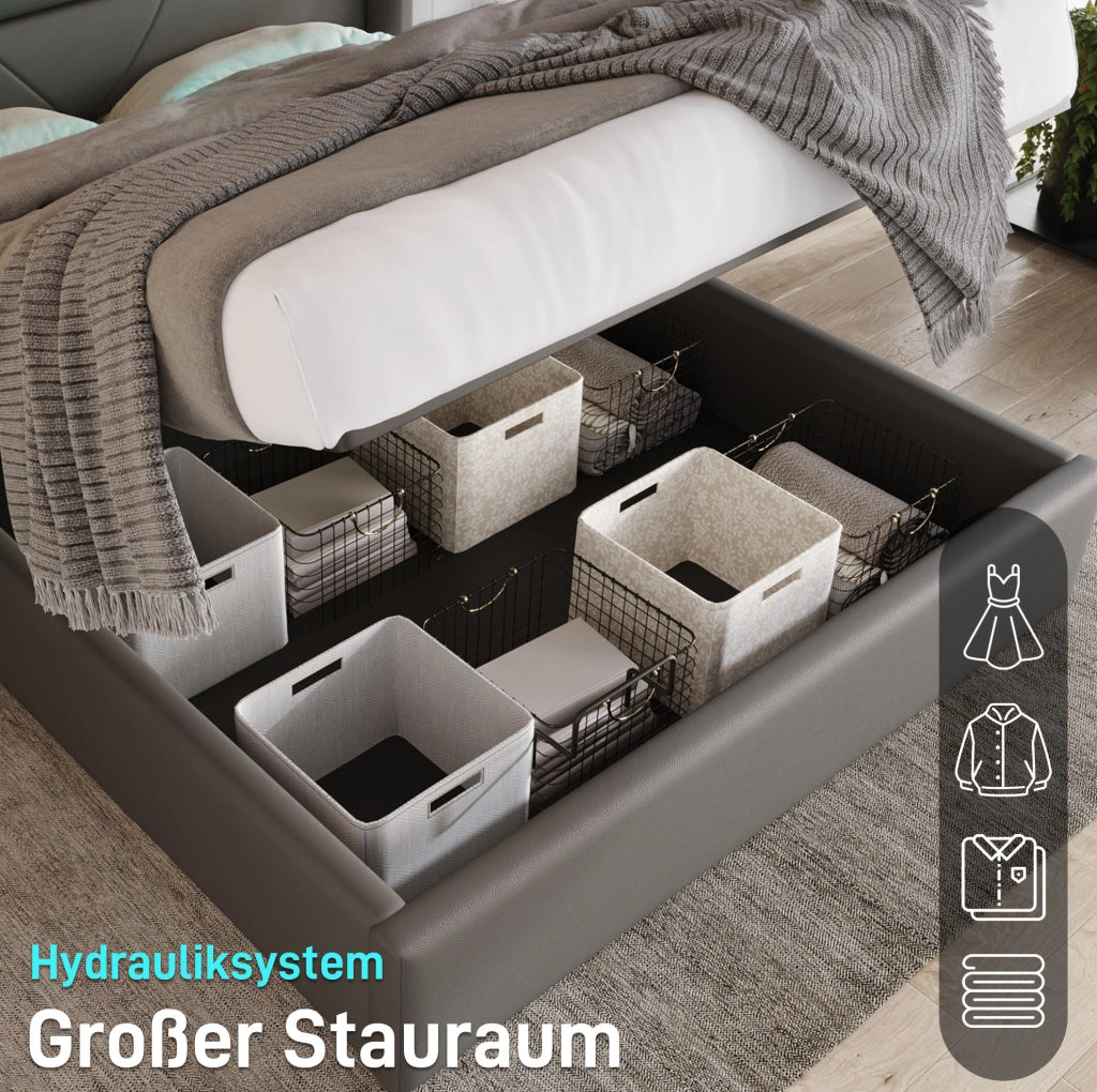 LETTO Contenitore 140x200 cm in PU Grigio con LED e telecomando
