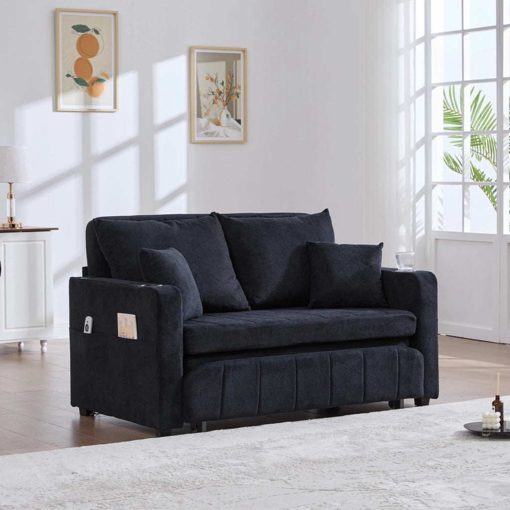 Divano letto 2 posti 139 cm, 4 cuscini, tasche contenitore, ciniglia nera, USB