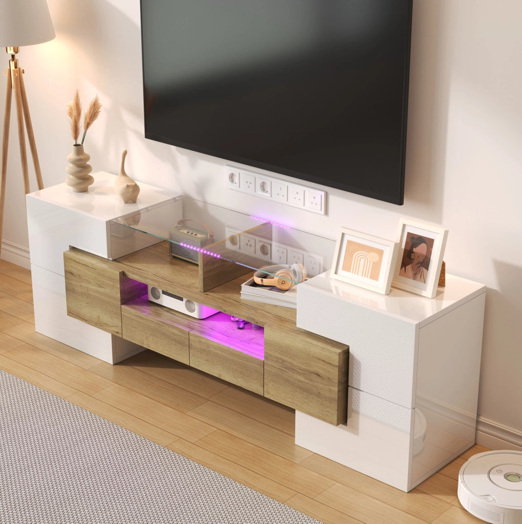 Mobile TV 145 cm con LED multicolore, 6 ante e 2 cassetti bianco e oro