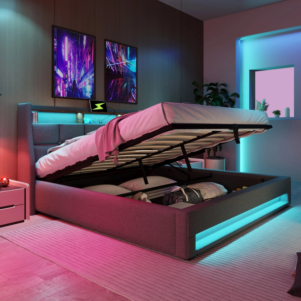 LETTO Contenitore 140x200 cm Grigio in Lino con USB e LED
