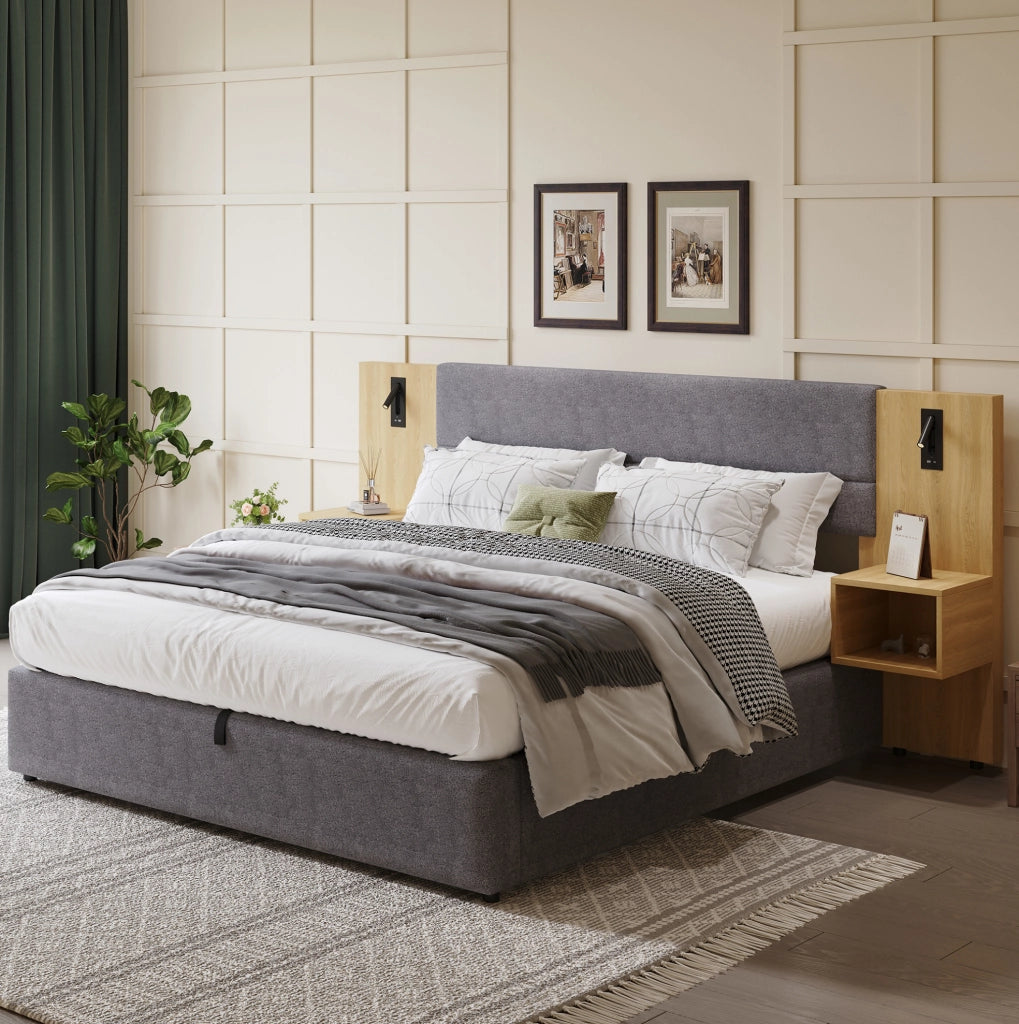 Letto imbottito 180x200 cm con contenitore, USB e comodini