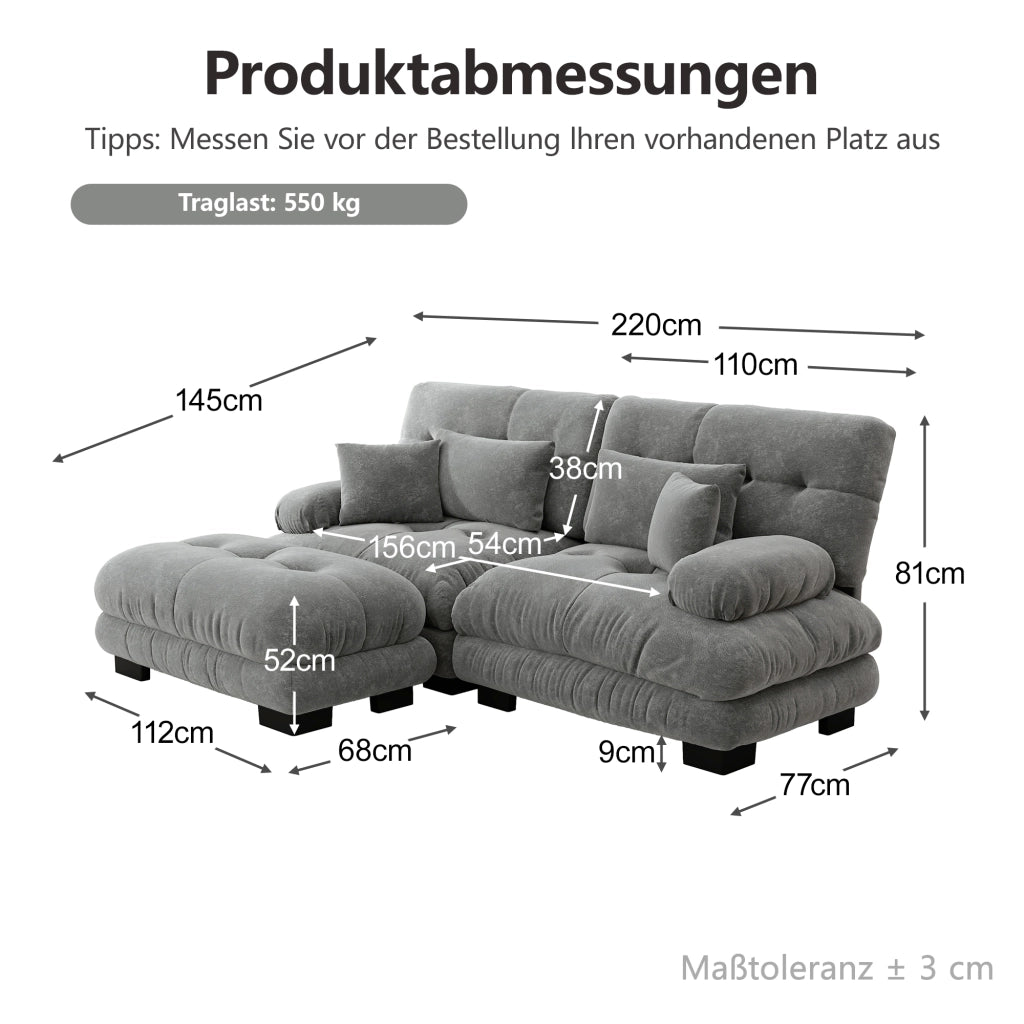 Divano modulare in chenille grigio con pouf mobili; seduta profonda e cuscini di supporto