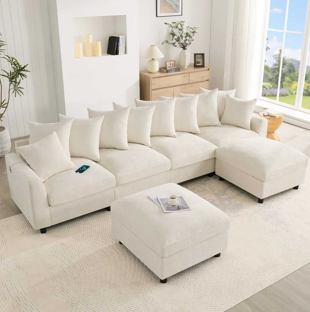 Divano angolare modulare 6 posti a U/L con 2 pouf, porte USB e Type-C, chenille beige
